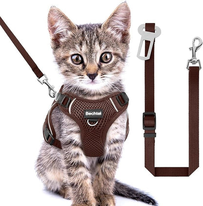 Kitten Harness and Leash Seat - Escape Proof Adjustable Cat Harness, Comfortable Soft Lightweight, Use Safe & Easy, Walking Travel Kitten Harness for Small Medium Large Cats, Brown, XXS(1-3lb)