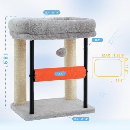 Hey-brother Cat Tree, Cat Scratching Posts with Bed, Sturdy Tower with Fully Sisal-Wrapped Columns and Plush Toy Ball for Indoor Kittens, 18.9 inches, Light Gray MPJ010SW