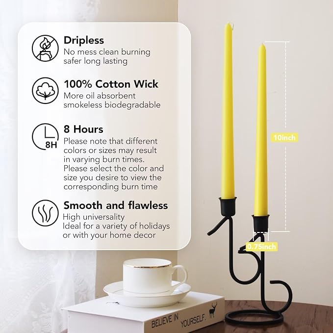 New Burning Formula Unscented Dripless 10-Inch Taper Candles Set of 12 - Yellow, for Wedding, Dinner - Smokeless, Long Burning - Hand Poured, Colored Tall Candlesticks - Amarillo