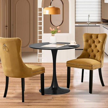 SoarFlash Kitchen Table and Chairs for 2, 31.5" Dining Table Set for 2 with Velvet Upholstered Chairs, 3 Piece Round Kitchen Table Set, Dining Room Table Set for Small Space, Apartment, Gold/Black