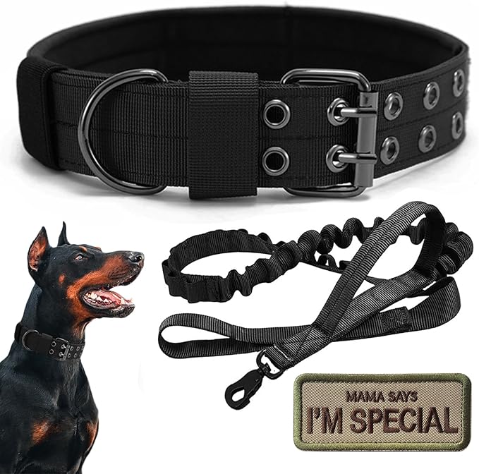 Tactical Dog Collar Military Adjustable Dog Collars Soft Nylon Training Collar with Patch Heavy Duty Metal Buckle Collars for Medium Large Dogs (Black-1, M)