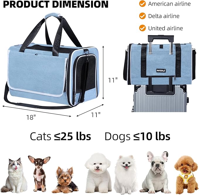 Top Loading Medium Cat Carrier with Privacy Curtain, Delta Approved TSA Pet Travel Crate Suitcase Luggage Sleeve, Soft-Sided Dog Kennel Bag 18x11x11 United Airline Approved Under Seat Blue
