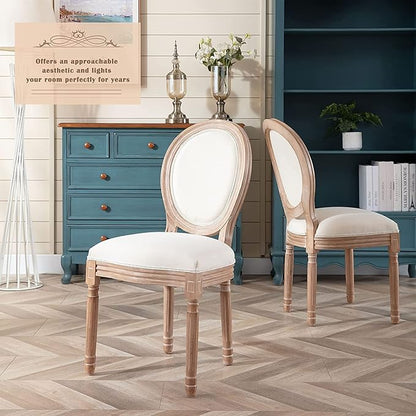 Nrizc French Dining Chairs Set of 6, French Country Dining Chair, Vintage Farmhouse Dining Chairs with Round Back, Solid Wood Beige Fabric Dining Room Chairs, for Kitchen, Bedroom, Dining Room