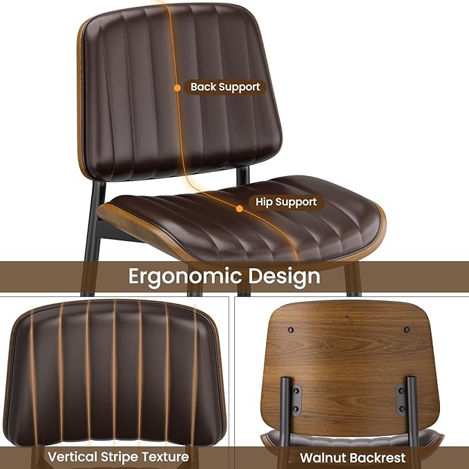 Dining Chairs Set of 4, Mid Century Modern Dining Room Kitchen Chairs, Upholstered PU Leather Vertical Stripe Chairs for Vanity with Walnut Bentwood and Metal Legs, Brown
