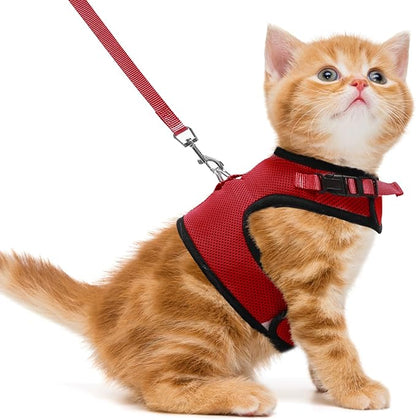 PUPTECK Soft Mesh Cat Vest Harness and Leash Set Puppy Padded Pet Harnesses Escape Proof for Cats Small Dogs, Red Small