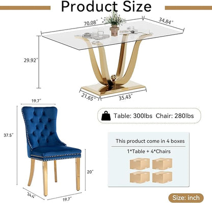 70" Modern Gold Glass Dining Table Set for 4, 5-Piece Rectangle Kitchen Dining Room Table Set with Steel Base & 4 Blue Velvet Upholstered Chairs, Modern Glass Kitchen Table and Chairs Set of 4