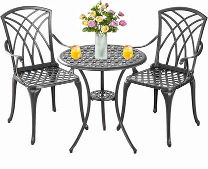 Bistro Set 3 Piece Outdoor,Cast Aluminum Outdoor Bistro Set,All Weather Bistro Table and Chairs Set of 2 with 1.97" Umbrella Hole,Patio Bistro Sets for Garden(Woven Black)