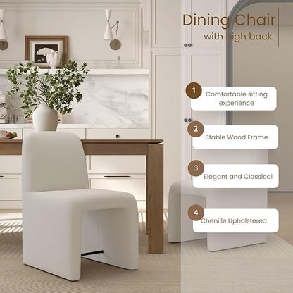 White Upholstered Chenille Dining Chairs Set of 2, Mid Century Modern Dining Room Chairs with Deep Seat & Curved Back, Armless Side Chair Comfy Kitchen Chairs for Living Room/Kitchen