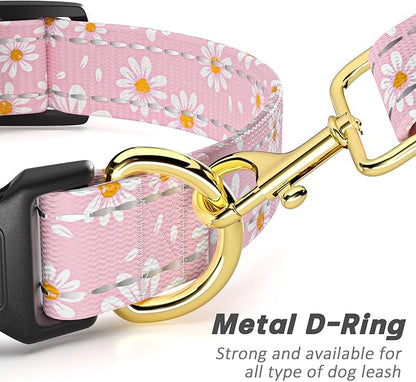 Reflective Dog Collar for Medium Dogs, Cute Daisy Theme Adjustable Heavy-Duty Nylon Puppy Collar for Boy and Girl Female, Soft Pet Accessories with Quick Release Buckle, Neck 14-20", Pink