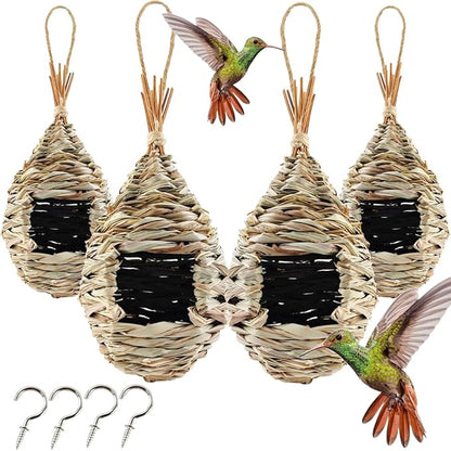 TIHOOD 4PCS 9.2 x 4 Inches Hand Woven Hummingbird House,Bird Hut and Hummingbird Houses Nest, Small Hanging Bird & Chickadee House for Finch & Canary in Outdoor