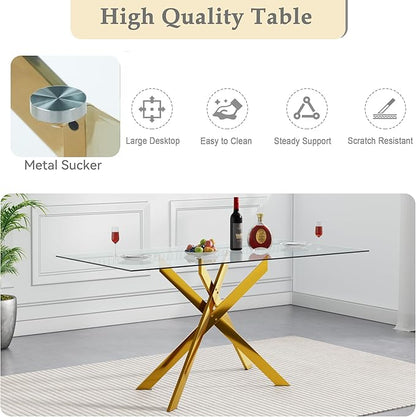 SSLine 51'' Gold Glass Dining Table Set for 6,7 Piece Kitchen Table and Chairs Set with Metal Legs and 6 PU Leather Dining Chairs for Kitchen Room Small Spaces
