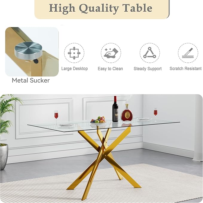 51'' Gold Glass Dining Table Set for 4,5 Piece Kitchen Table and Chairs Set with Metal Legs and 4 PU Leather Dining Chairs for Kitchen Room Small Spaces