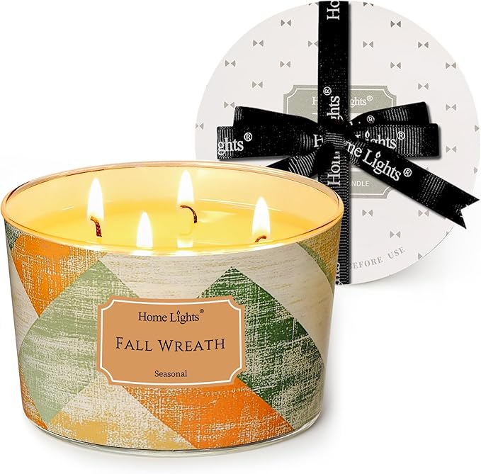 HomeLights Soy Wax Candles for Home Scented, 4-Wick Candles in Fall Wreath Scented, Rustic Modern Aromatherapy Candles Gift for Parties, Relaxing, 18oz