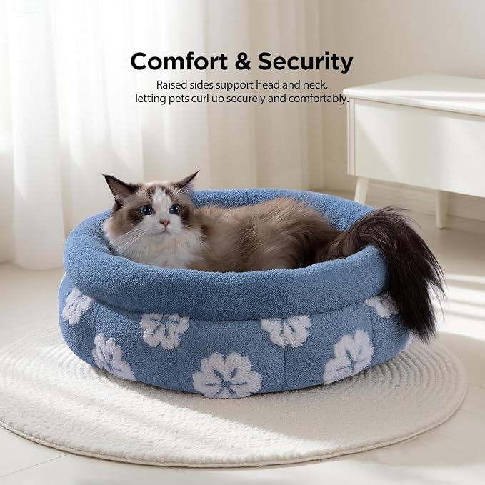 BALANCE Cat Beds for Indoor Cats, Washable Round Cat Bed, Cute 3D Flower Kitten Bed with Anti-Slip Bottom for Puppy and Kitten, 20 Inches, Blue