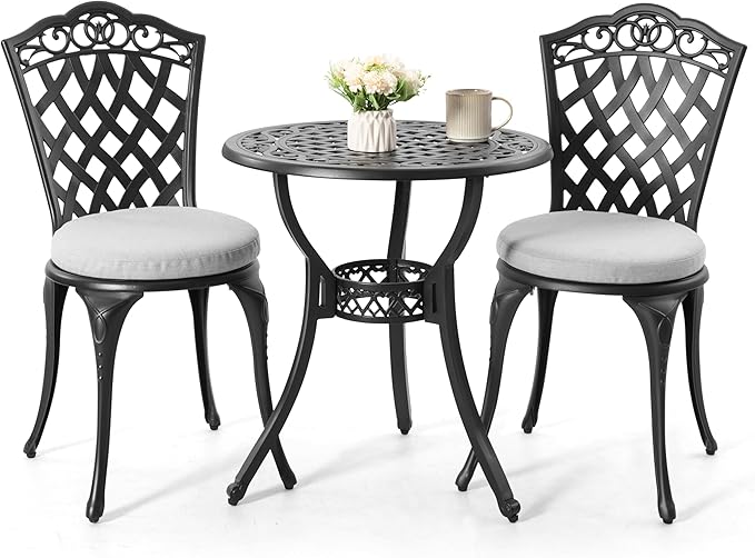 NUU GARDEN Outdoor Cast Aluminum Bistro Set, 3-Piece Patio Bistro Set with Table and 2 Chairs, Weather-Resistant Furniture with Gray Cushions and Umbrella Hole for Balcony, Garden, Lawn, Black