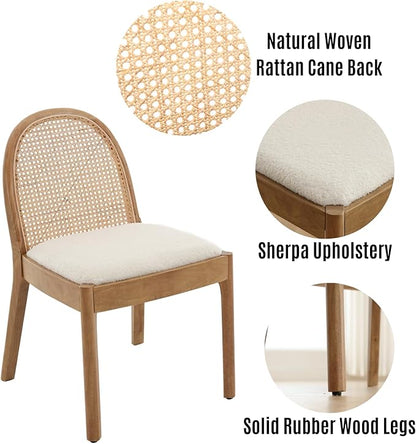 LukeAlon Modern Sherpa Dining Chairs Set of 6, Natural Woven Rattan Cane Back Side Chairs with Solid Wood Legs Mid Century Dinner Chairs for Kitchen Living Room, White