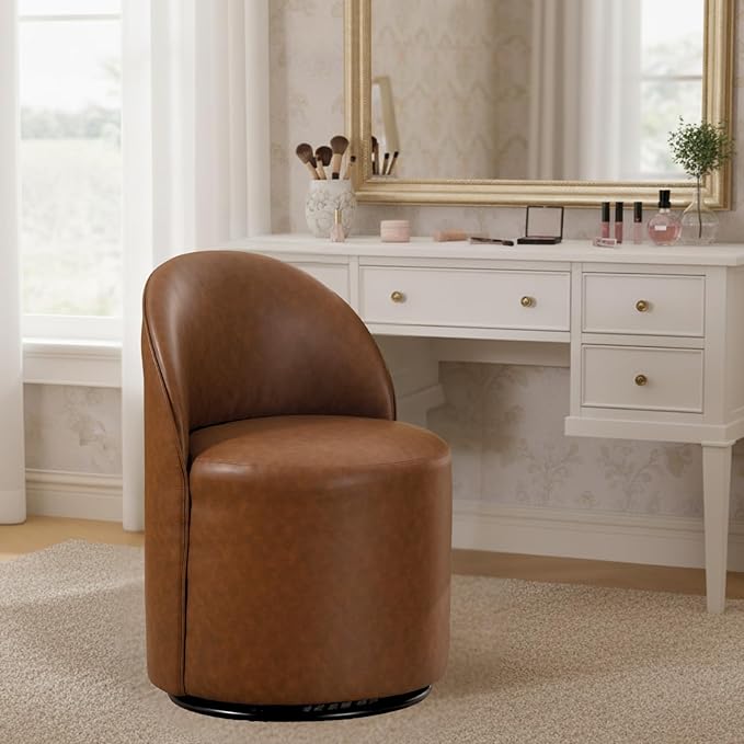 Modern Barrel Chair Swivel Base Cognac PU Leather Accent Chair 360°Rotating Vanity Chair Mid-Century Dining Side Chair Kitchen Chair for Living Room, Bedroom, Home, Office, Kitchen(Brown)