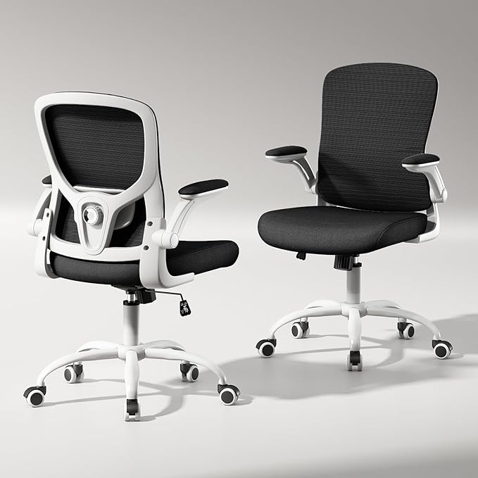 Ergonomic Office Chair High Back with Adjustable Lumbar Support, Mesh Computer Chair,Headrest and Flip-Up Arms for Executive, 90-120° Tilt Swivel Rolling Task Chairs(White-black6076)