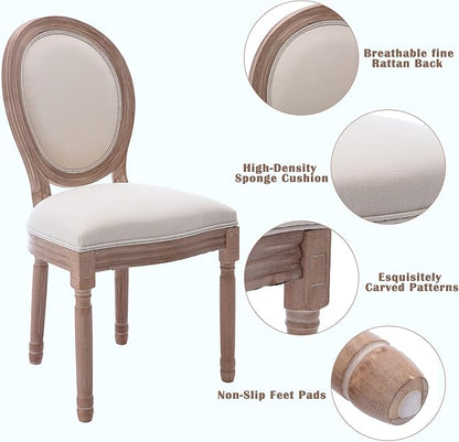 Nrizc French Dining Chairs Set of 2, French Country Dining Chairs, Vintage Farmhouse Dining Chairs with Round Back, Solid Wood Beige Fabric Dining Room Chairs, for Kitchen, Bedroom, Dining Room