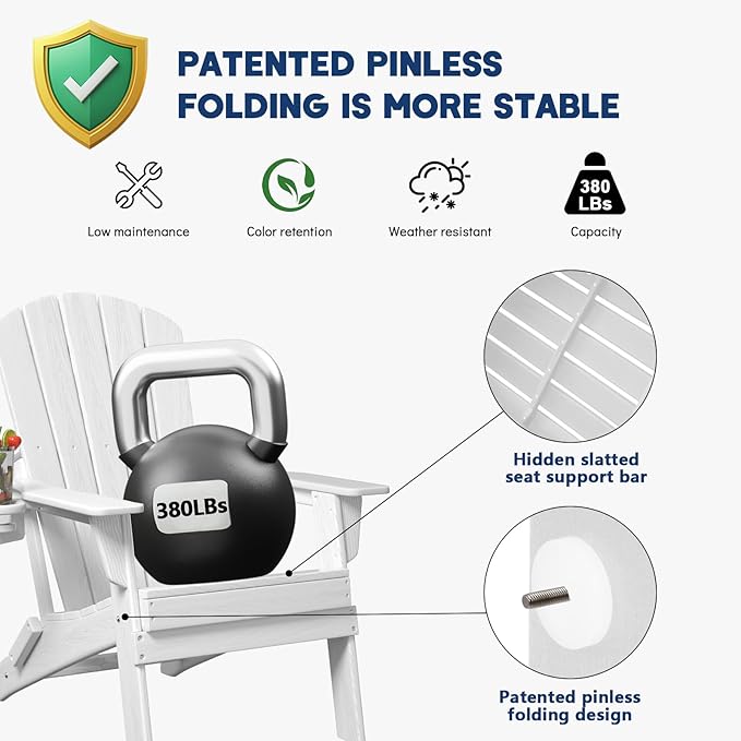 Plawdlik Folding Adirondack Chair, SGS Tested, Wooden Textured with Cup Holder, Heavy All-Weather HDPE Comfortable Set Poolside Backyard Lawn White Set 4