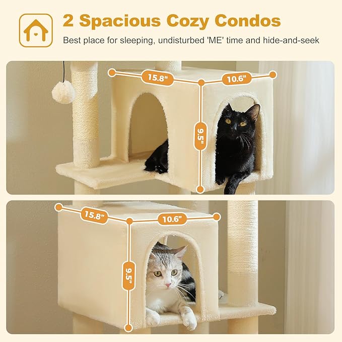 62" Cat Tree for Indoor Cats, Multi-Level Cat Tower with 2 Spacious Condos, Dual Top Perches, Scratching Pad, 4 Scratching Posts, 2 Pompoms, Beige