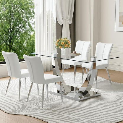 Glass Dining Table Set for 4,Dining Room Table Set for 4,Kitchen Table Set with 4 PU Leather Chairs,63'' Glass Dining Table Set with Silver U-Shaped Table Legs and Rectangular Base