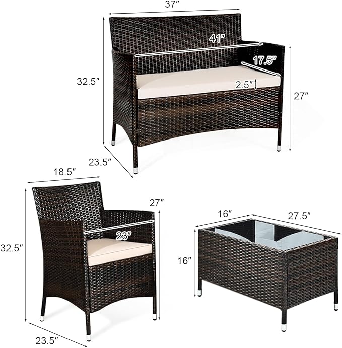 Tangkula 4-PCS Patio Rattan Conversation Set, Outdoor Wicker Furniture Set with Tempered Glass Coffee Table &Thick Cushion, Rattan Chair Wicker Set for Garden, Lawn, Poolside and Backyard (1, Brown)