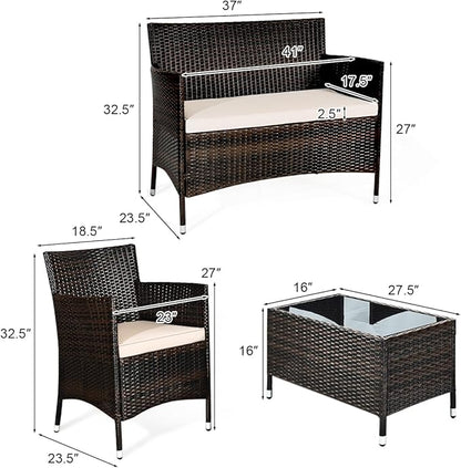Tangkula 4-PCS Patio Rattan Conversation Set, Outdoor Wicker Furniture Set with Tempered Glass Coffee Table &Thick Cushion, Rattan Chair Wicker Set for Garden, Lawn, Poolside and Backyard (1, Brown)
