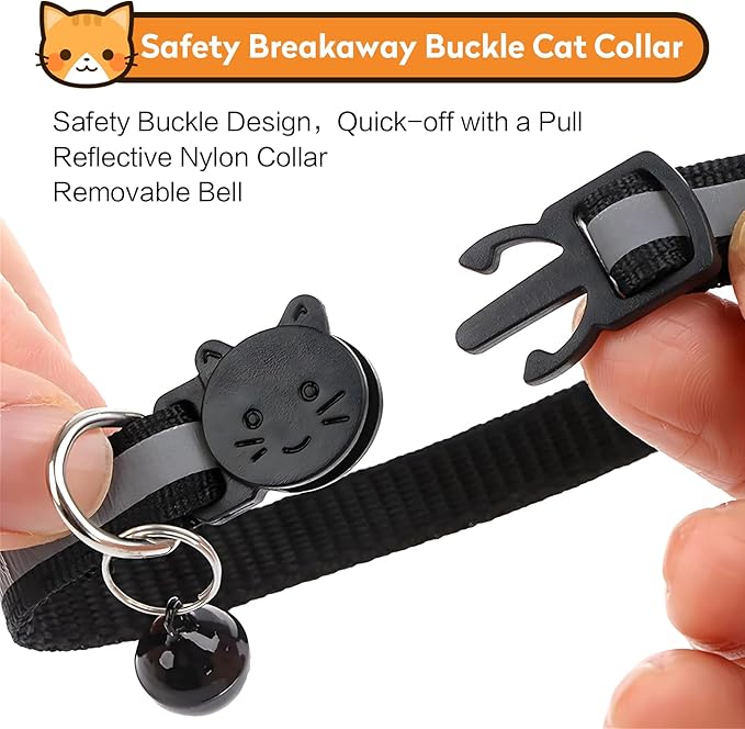 2 Pack Airtag Cat Collar with Bell, Reflective Nylon Kitten Collar with Apple Air Tag Holder and Breakaway Safety Buckle for Puppy Girl Boy Cats, 3/8" in Width and Lightweight, Black/Purple