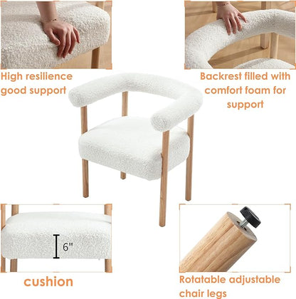 Mid-Century Modern Dining Chairs Set of 2 Armrest Barrel Dining Chairs Side Chairs with Curved Back, Upholstered Wood Armchairs for Kitchen, Sherpa White