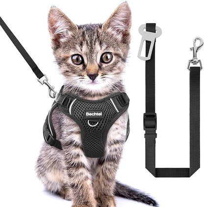 Kitten Harness and Leash Seat, The Upgrade Can be Adjusted in Four Directions and Breathable Cat Harness for Anti Escape That can be Fitted and Positioned, Reflective Strips Harness, Black,XXS