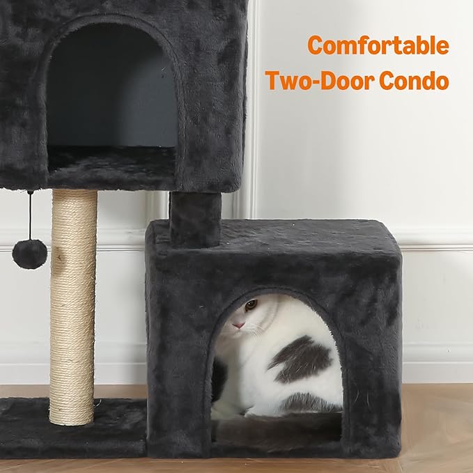 Amazon Basics 30-Inch Cat Tree Tower, Activity Center with 2 Plush Condos, Sisal Scratching Post and Hanging Pompom, Gray