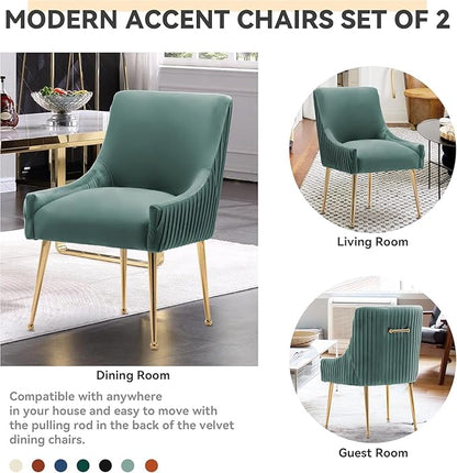 Dining Chairs, Accent Chairs Set of 4, Modern Upholstered Kitchen Dining Room Chairs with Gold Legs, Fabric Tufted Velvet Living Room Chairs for Reception Room Bedroom Guest Room (Green)