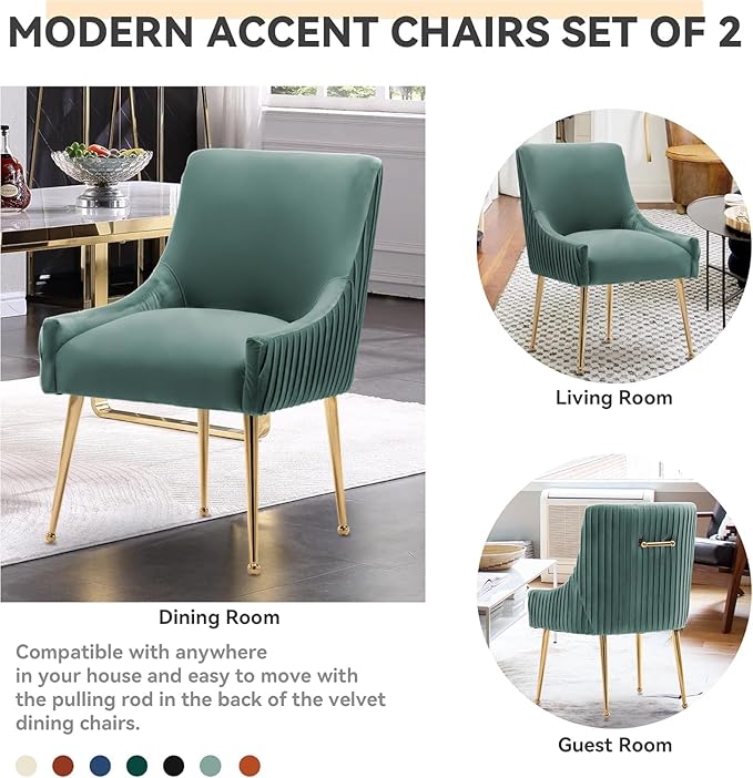 Dining Chairs, Accent Chairs Set of 8, Modern Upholstered Kitchen Dining Room Chairs with Gold Legs, Fabric Tufted Velvet Living Room Chairs for Reception Room Bedroom Guest Room (Green)