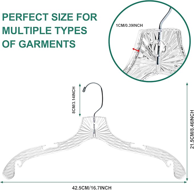 Quality Hangers 24 Pack Clear Plastic Hangers with Super Easy 360 Degree Swivel Hook – Shirt Hangers with Precision Notches for Secure Hanging – Slim Crystal Coat Hangers – 17 Inches (24, 17")