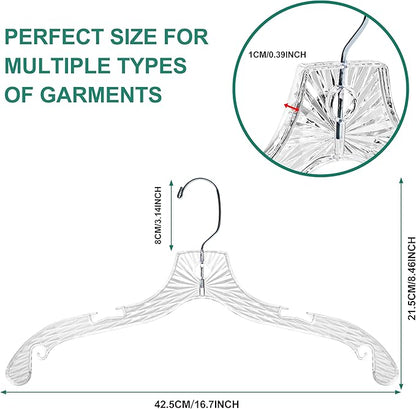 Quality Hangers 96 Pack Clear Plastic Hangers with Super Easy 360 Degree Swivel Hook – Shirt Hangers with Precision Notches for Secure Hanging – Slim Crystal Coat Hangers – 17 Inches (96, 17")