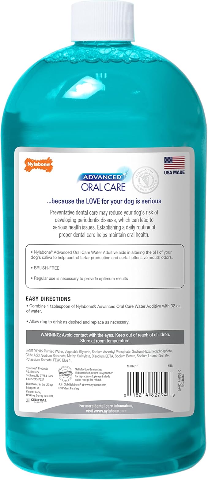 Nylabone Advanced Oral Care Pet Dental Water Additive, Liquid Tartar Remover & Breath Freshener for Dogs, Dog Teeth-Cleaning, Original Flavor, 32 oz.