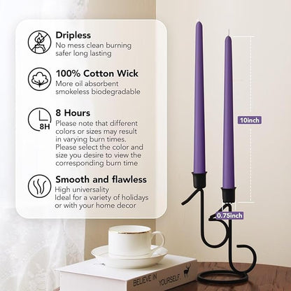 New Burning Formula Unscented Dripless 10-Inch Taper Candles Set of 12 - Purple, for Wedding, Dinner - Smokeless, Long Burning - Hand Poured, Colored Tall Candlesticks - Púrpura
