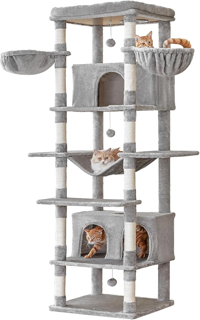 MWPO Extra Large Cat Tree, 77.6-Inch Tall Cat Tower for Indoor Cats with 2 Condos, Multi-Level Cat Stand for Large Cats, 3 Hammocks, Wide Perch, Scratching Posts, Dangling Toys, Light Grey