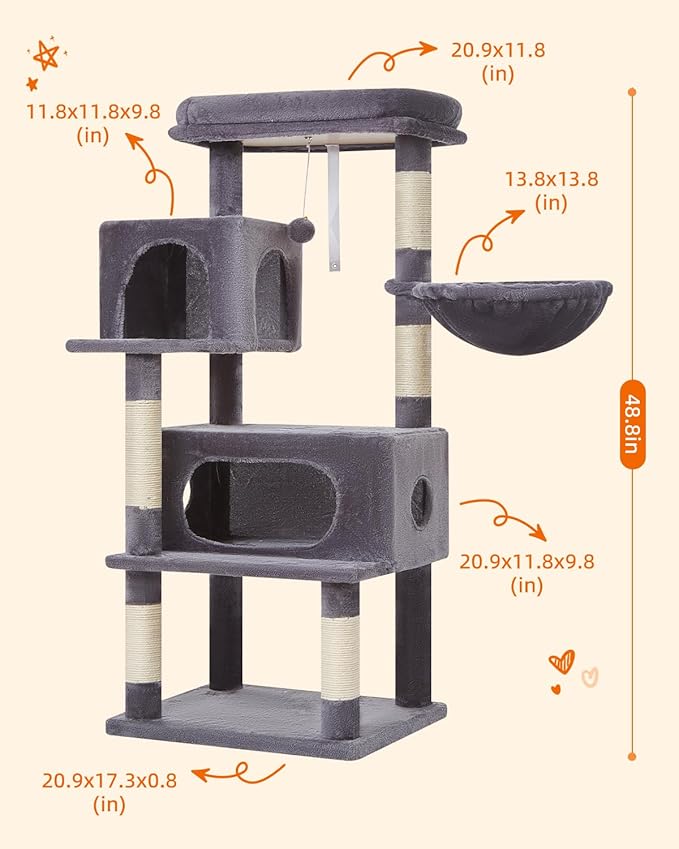 Taoqimiao Cat Tree,49-Inch Cat Tower for Indoor Cats,2 Luxurious cat condo with Adjustable Large Hanging Baskets and Large Luxurious Perch Smoky Gray MS029LG