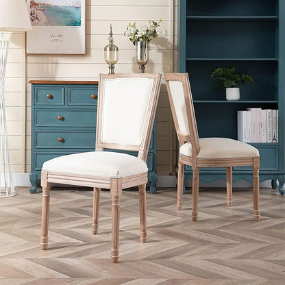 Nrizc Farmhouse Dining Room Chairs Set of 4, French Dining Chairs with Square Back, Brown Wood Legs, French Bistro Chairs for Dining Room/Living Room/Kitchen/Restaurant, Beige