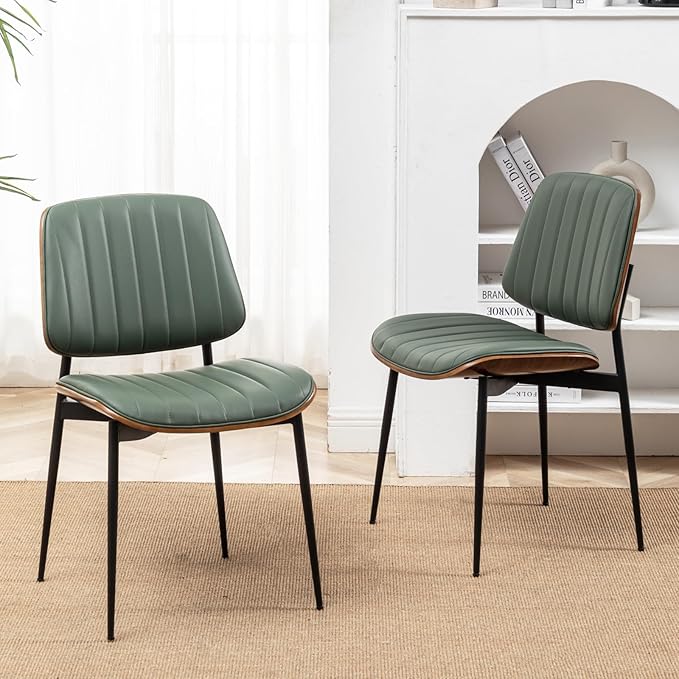 LUNLING Dining Chairs Set of 4 Mid Century Modern Retro Faux Leather Chair with Walnut Bentwood Upholstered Seat Metal Legs Chairs,Adjustable Foot for Kitchen Dining Room Chairs(Green)