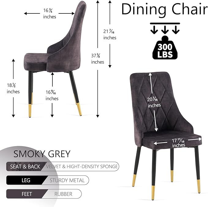 NORDICANA Upholstered Velvet Dining Chair Set of 4, Smoky Gray Armless Side Chair with Metal Legs for Home Kitchen