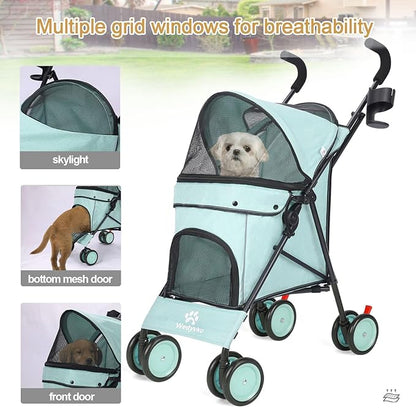 Umbrella Dog Stroller, Foldable Pet Stroller for Small Dogs Cats, 4 Wheels Pet Strolling Cart with Carrying Strap and Cup Holder, Breathable and Visible Mesh, Dog Poop Bags & Dispenser (Tealblue)