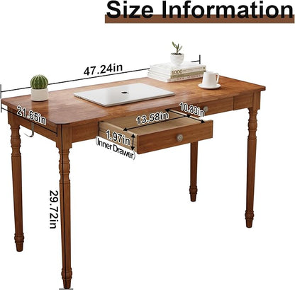 Solid Wood Desk with Drawers - 48 Inch Writing Desk with Drawers, Mid Century Modern Desk with 2 Hooks, Rubber Wood Study Table for Bedroom, Living Room & Office, Walnut Color