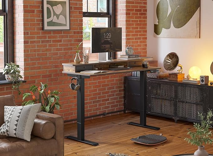 FEZIBO 63 x 28 Inch Deeper Height Adjustable Electric Standing Desk with Double Drawers, Sit Stand Up, Home Office Computer Desk with 4 Height-Adjustable Feets & 2 Hooks, Black Frame/Rustic Brown Top