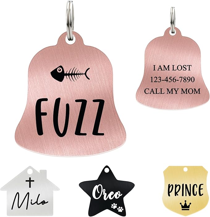 Ultra Joys Cat ID Tag Personalized Pet Tags, Durable Stainless Steel Small Pet Mini Dog Cat Tag Lightweight - Bell Tag in Rose Gold
