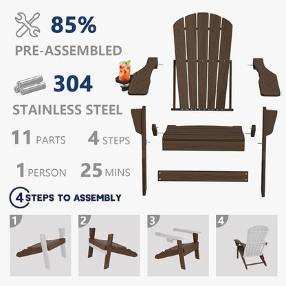 Plawdlik Folding Adirondack Chair, SGS Tested, Wooden Textured with Cup Holder, Heavy All-Weather HDPE Comfortable Set Poolside Backyard Lawn Coffee