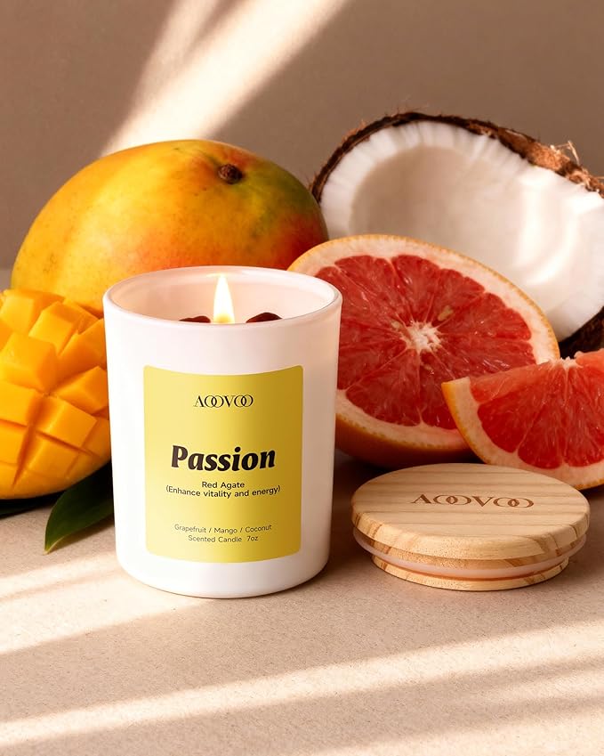 AOOVOO Energy Candles Set for Women - 4 Pack Candles for Home Scented, 28 oz 200 Hour Burn, Aromatherapy Candle with Crystals, Laughter Red Quartz/Love Rose Quartz/Joy Citrine/Passion Red Agate