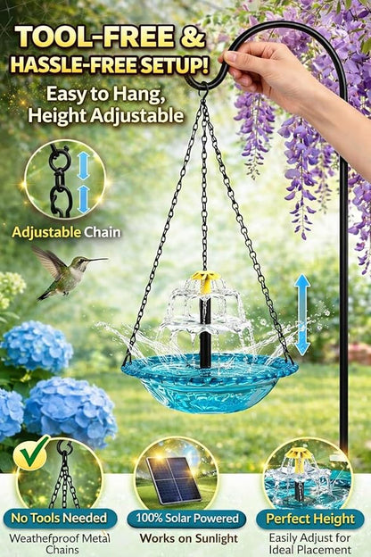 Solar Cascade Hanging Bird Bath Fountain, 2026 New Outdoor Hanging Bird Bath with Solar Fountain, Large Humming Birds Baths Fountains, with Solars Pump & Glass Bowl, for Outdoor, Gardens (#5)